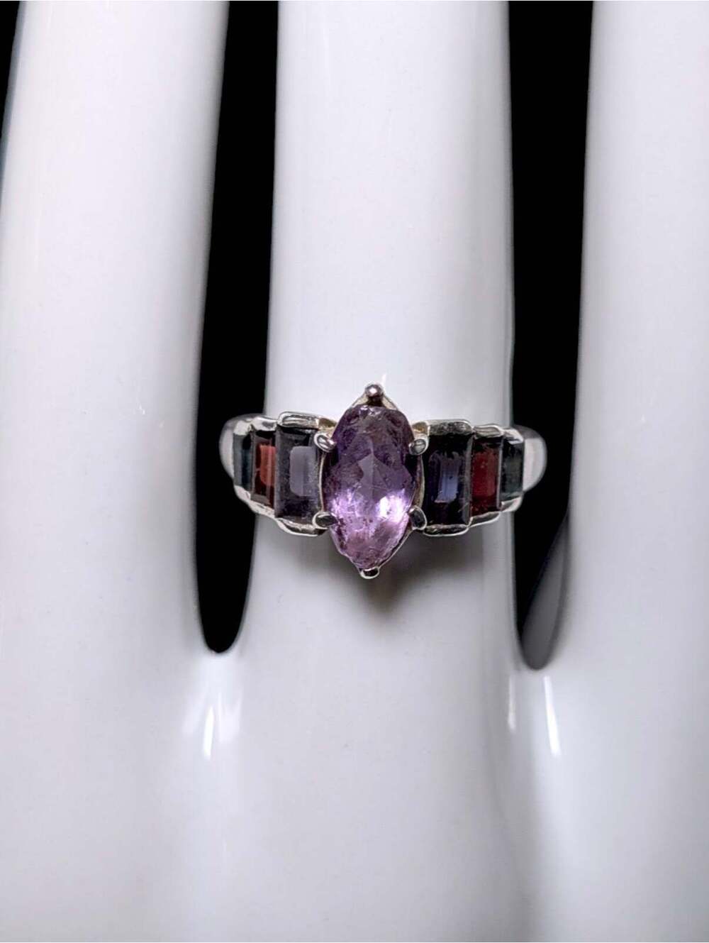 Vintage Marquise Genuine Amethyst, Topaz and Garnet Sterling Ring